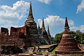 Ayutthaya, Thailand. Wat Phra Si Sanphet, at left is a mondop (square pavilion) in front of the east chedi.